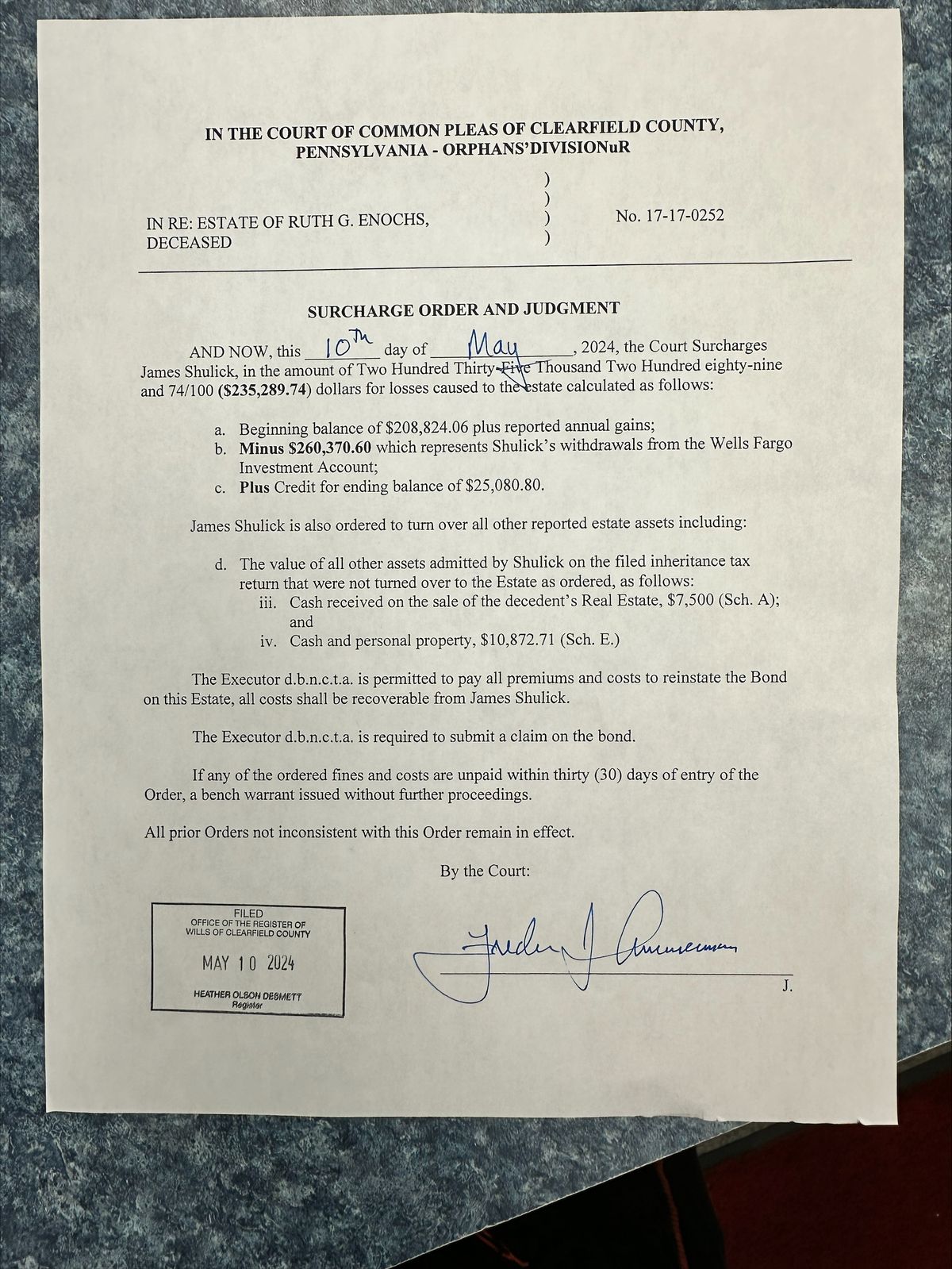 Photographed court document used for an OCR demo